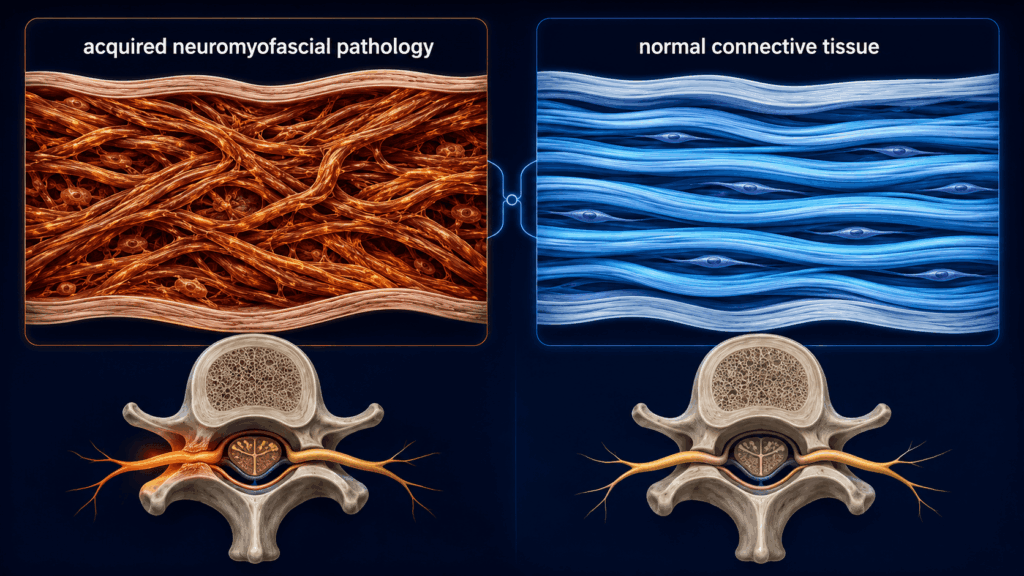 Split-panel medical diagram comparing the cross-sectional appearance of acquired neuromyofascial pathology with dense, scarred connective tissue on the left against normal healthy connective tissue on the right, with spinal vertebra icons below each panel showing how the pathological tissue compresses an adjacent nerve root.