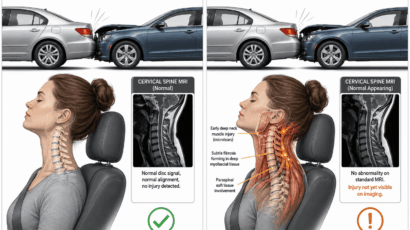 Split clinical illustration comparing standard WAD 1 assessment and neuromyofascial assessment of the same rear-end collision. Left panel shows normal cervical MRI with green checkmark and no injury detected. Right panel shows the same normal-appearing MRI but with deep neck muscle microtears, early fibrosis, and paraspinal soft tissue involvement highlighted in orange, with the notation that injury is present but not yet visible on imaging.