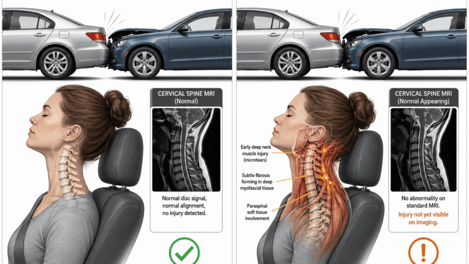 Split clinical illustration comparing standard WAD 1 assessment and neuromyofascial assessment of the same rear-end collision. Left panel shows normal cervical MRI with green checkmark and no injury detected. Right panel shows the same normal-appearing MRI but with deep neck muscle microtears, early fibrosis, and paraspinal soft tissue involvement highlighted in orange, with the notation that injury is present but not yet visible on imaging.