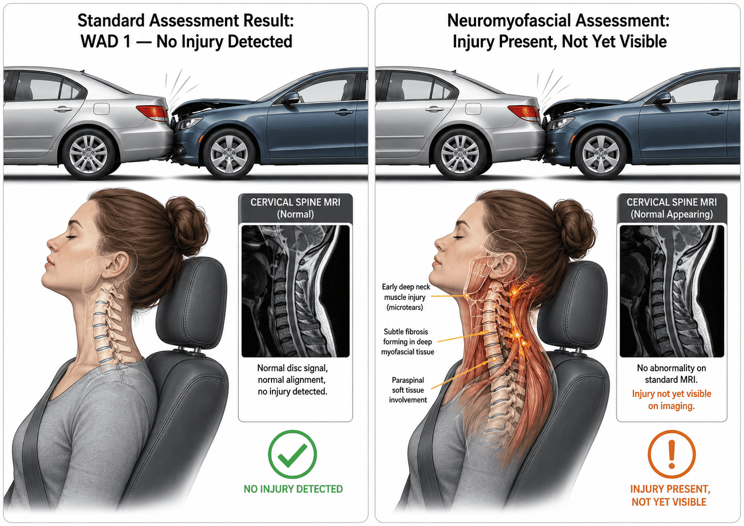 Split clinical illustration comparing standard WAD 1 assessment and neuromyofascial assessment of the same rear-end collision. Left panel shows normal cervical MRI with green checkmark and no injury detected. Right panel shows the same normal-appearing MRI but with deep neck muscle microtears, early fibrosis, and paraspinal soft tissue involvement highlighted in orange, with the notation that injury is present but not yet visible on imaging.
