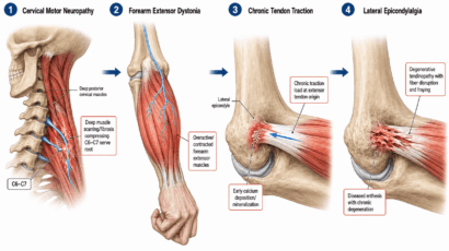 Four-stage medical illustration showing the sequence from cervical motor neuropathy to lateral epicondylalgia. Stage 1 shows deep muscle scarring compressing C6-C7 nerve roots in the cervical spine. Stage 2 shows overactive contracted forearm extensor muscles from impaired nerve signal. Stage 3 shows chronic traction load at the extensor tendon origin with early calcium deposition. Stage 4 shows degenerative tendinopathy with fiber disruption and diseased enthesis.