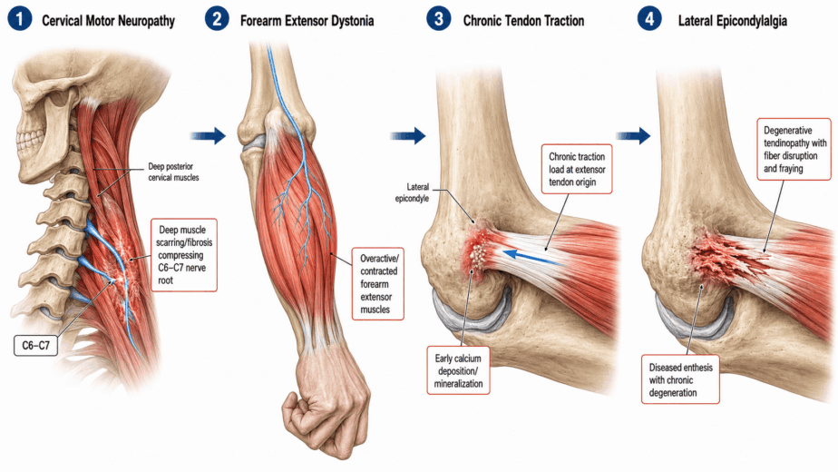 Four-stage medical illustration showing the sequence from cervical motor neuropathy to lateral epicondylalgia. Stage 1 shows deep muscle scarring compressing C6-C7 nerve roots in the cervical spine. Stage 2 shows overactive contracted forearm extensor muscles from impaired nerve signal. Stage 3 shows chronic traction load at the extensor tendon origin with early calcium deposition. Stage 4 shows degenerative tendinopathy with fiber disruption and diseased enthesis.