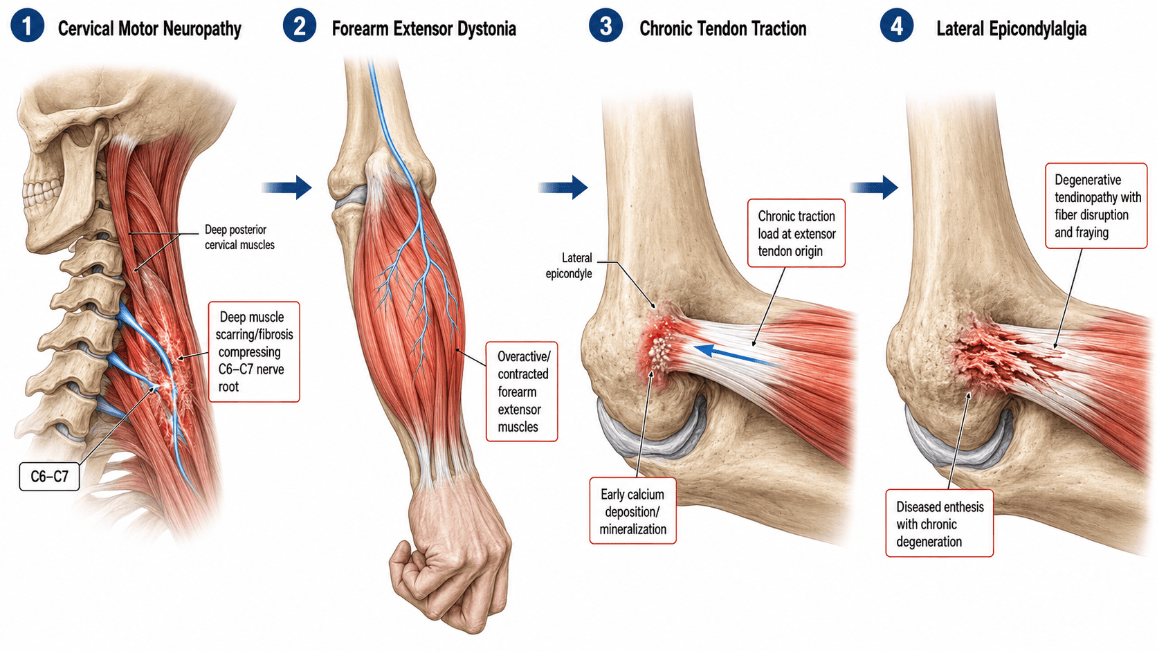 Four-stage medical illustration showing the sequence from cervical motor neuropathy to lateral epicondylalgia. Stage 1 shows deep muscle scarring compressing C6-C7 nerve roots in the cervical spine. Stage 2 shows overactive contracted forearm extensor muscles from impaired nerve signal. Stage 3 shows chronic traction load at the extensor tendon origin with early calcium deposition. Stage 4 shows degenerative tendinopathy with fiber disruption and diseased enthesis.
