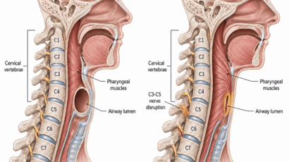Split anatomical illustration showing normal airway versus post-whiplash airway in lateral cervical spine cross-section. Left panel shows open circular airway lumen with healthy pharyngeal muscles and labeled cervical vertebrae C1-C7. Right panel shows C3-C5 nerve disruption with amber highlight, dystonic pharyngeal muscles, and significantly narrowed oval airway lumen with amber highlight indicating obstruction.
