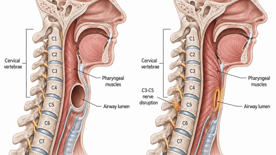 Split anatomical illustration showing normal airway versus post-whiplash airway in lateral cervical spine cross-section. Left panel shows open circular airway lumen with healthy pharyngeal muscles and labeled cervical vertebrae C1-C7. Right panel shows C3-C5 nerve disruption with amber highlight, dystonic pharyngeal muscles, and significantly narrowed oval airway lumen with amber highlight indicating obstruction.
