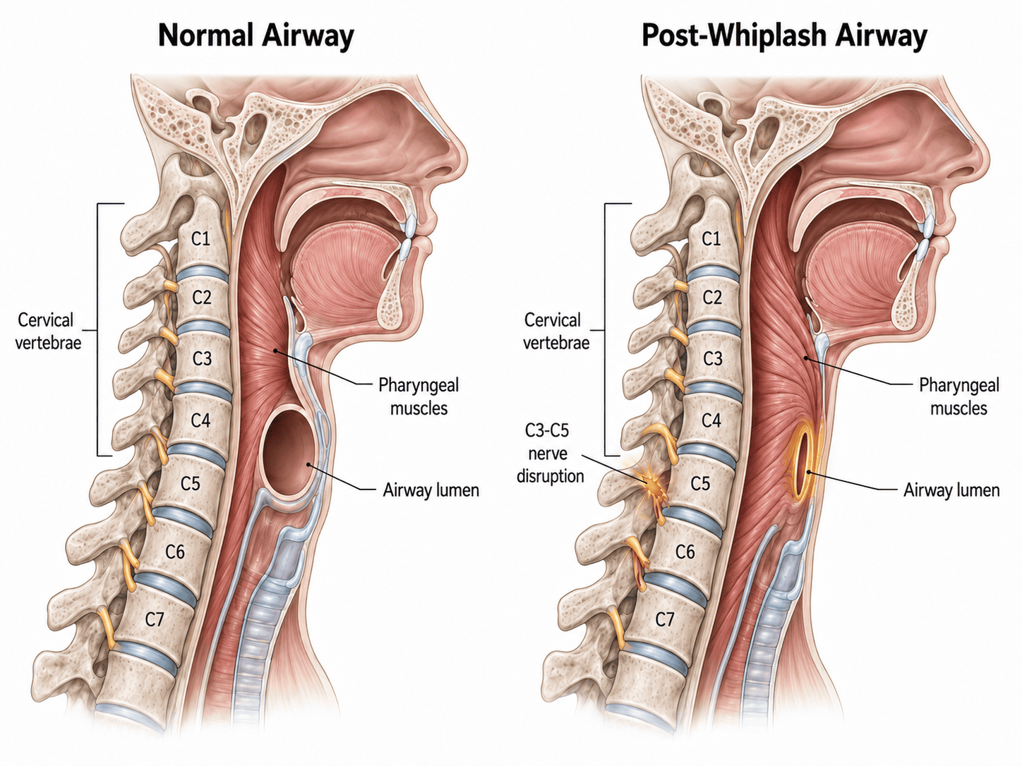 Split anatomical illustration showing normal airway versus post-whiplash airway in lateral cervical spine cross-section. Left panel shows open circular airway lumen with healthy pharyngeal muscles and labeled cervical vertebrae C1-C7. Right panel shows C3-C5 nerve disruption with amber highlight, dystonic pharyngeal muscles, and significantly narrowed oval airway lumen with amber highlight indicating obstruction.