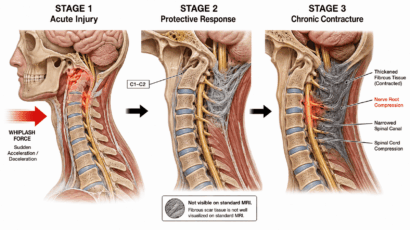 Three-stage medical illustration showing the evolutionary injury response following whiplash. Stage 1 shows acute whiplash force hitting the cervical spine with immediate injury at the upper cervical region. Stage 2 shows fibrous protective tissue forming at C1-C2, labeled as not visible on standard MRI. Stage 3 shows chronic contracture with thickened fibrous tissue, nerve root compression in red, narrowed spinal canal, and spinal cord compression.