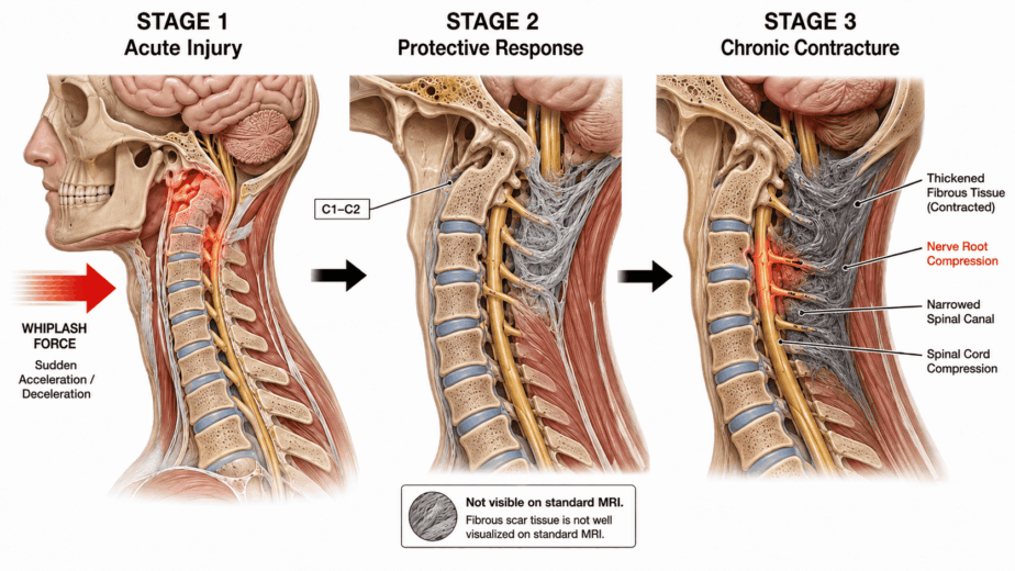 Three-stage medical illustration showing the evolutionary injury response following whiplash. Stage 1 shows acute whiplash force hitting the cervical spine with immediate injury at the upper cervical region. Stage 2 shows fibrous protective tissue forming at C1-C2, labeled as not visible on standard MRI. Stage 3 shows chronic contracture with thickened fibrous tissue, nerve root compression in red, narrowed spinal canal, and spinal cord compression.