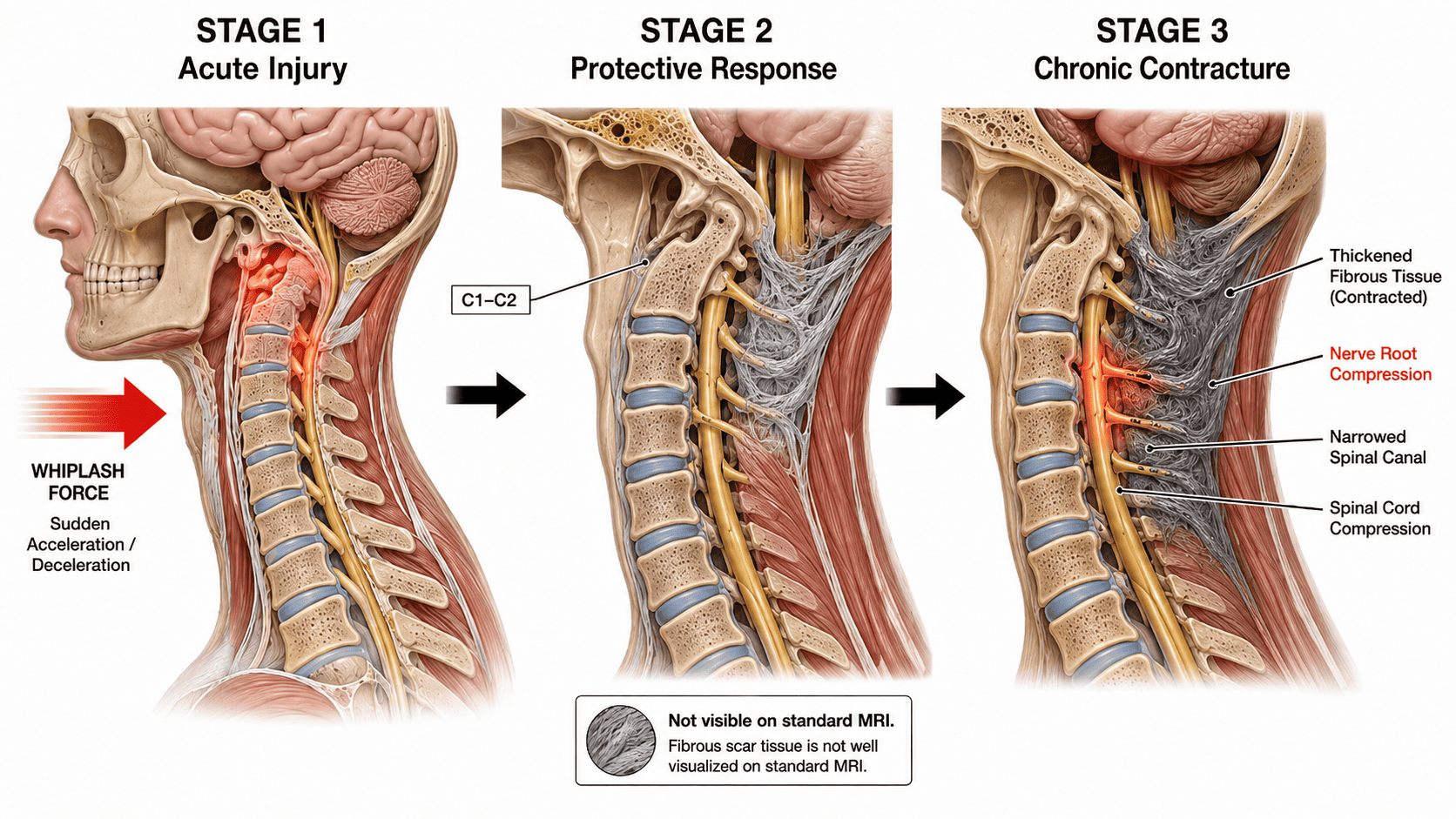 Three-stage medical illustration showing the evolutionary injury response following whiplash. Stage 1 shows acute whiplash force hitting the cervical spine with immediate injury at the upper cervical region. Stage 2 shows fibrous protective tissue forming at C1-C2, labeled as not visible on standard MRI. Stage 3 shows chronic contracture with thickened fibrous tissue, nerve root compression in red, narrowed spinal canal, and spinal cord compression.