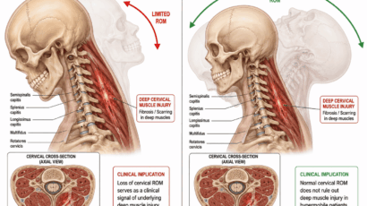 Split anatomical illustration comparing standard patient and hypermobile patient cervical spine assessment. Left panel shows limited ROM arc in red with deep cervical muscle fibrosis and scarring visible in axial cross-section, with clinical implication that ROM loss signals underlying injury. Right panel shows full normal ROM arc in green with identical deep muscle fibrosis present, with clinical implication that normal ROM does not rule out deep muscle injury in hypermobile patients.
