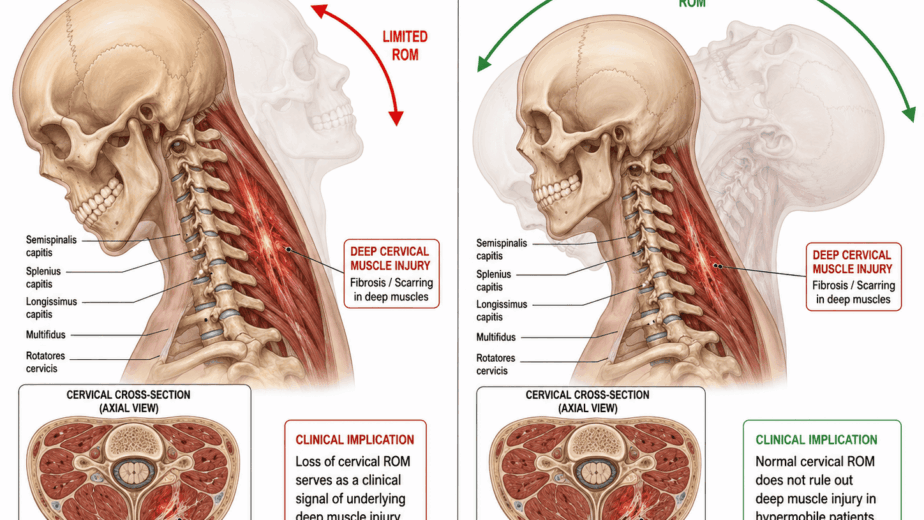 Split anatomical illustration comparing standard patient and hypermobile patient cervical spine assessment. Left panel shows limited ROM arc in red with deep cervical muscle fibrosis and scarring visible in axial cross-section, with clinical implication that ROM loss signals underlying injury. Right panel shows full normal ROM arc in green with identical deep muscle fibrosis present, with clinical implication that normal ROM does not rule out deep muscle injury in hypermobile patients.