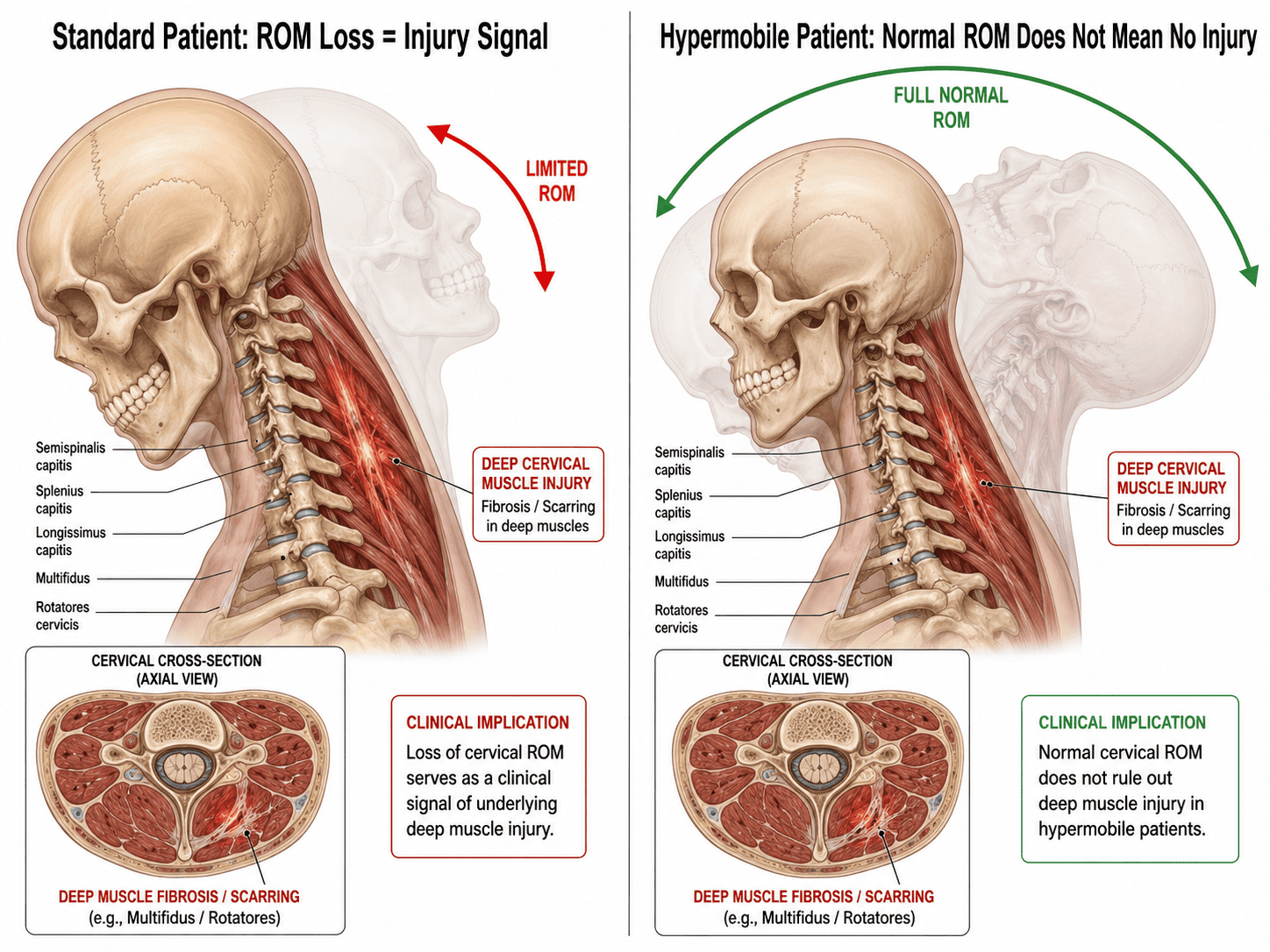 Split anatomical illustration comparing standard patient and hypermobile patient cervical spine assessment. Left panel shows limited ROM arc in red with deep cervical muscle fibrosis and scarring visible in axial cross-section, with clinical implication that ROM loss signals underlying injury. Right panel shows full normal ROM arc in green with identical deep muscle fibrosis present, with clinical implication that normal ROM does not rule out deep muscle injury in hypermobile patients.