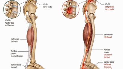 Split illustration comparing healthy and pathological kinetic chains from the lumbar spine to the foot. Healthy side shows normal L5-S1 nerve roots, relaxed calf muscle, and normal plantar fascia. Pathological side shows compressed L5-S1 nerve roots driving calf muscle dystonia, increased Achilles tendon tension, and inflamed plantar fascia under load at the heel insertion.