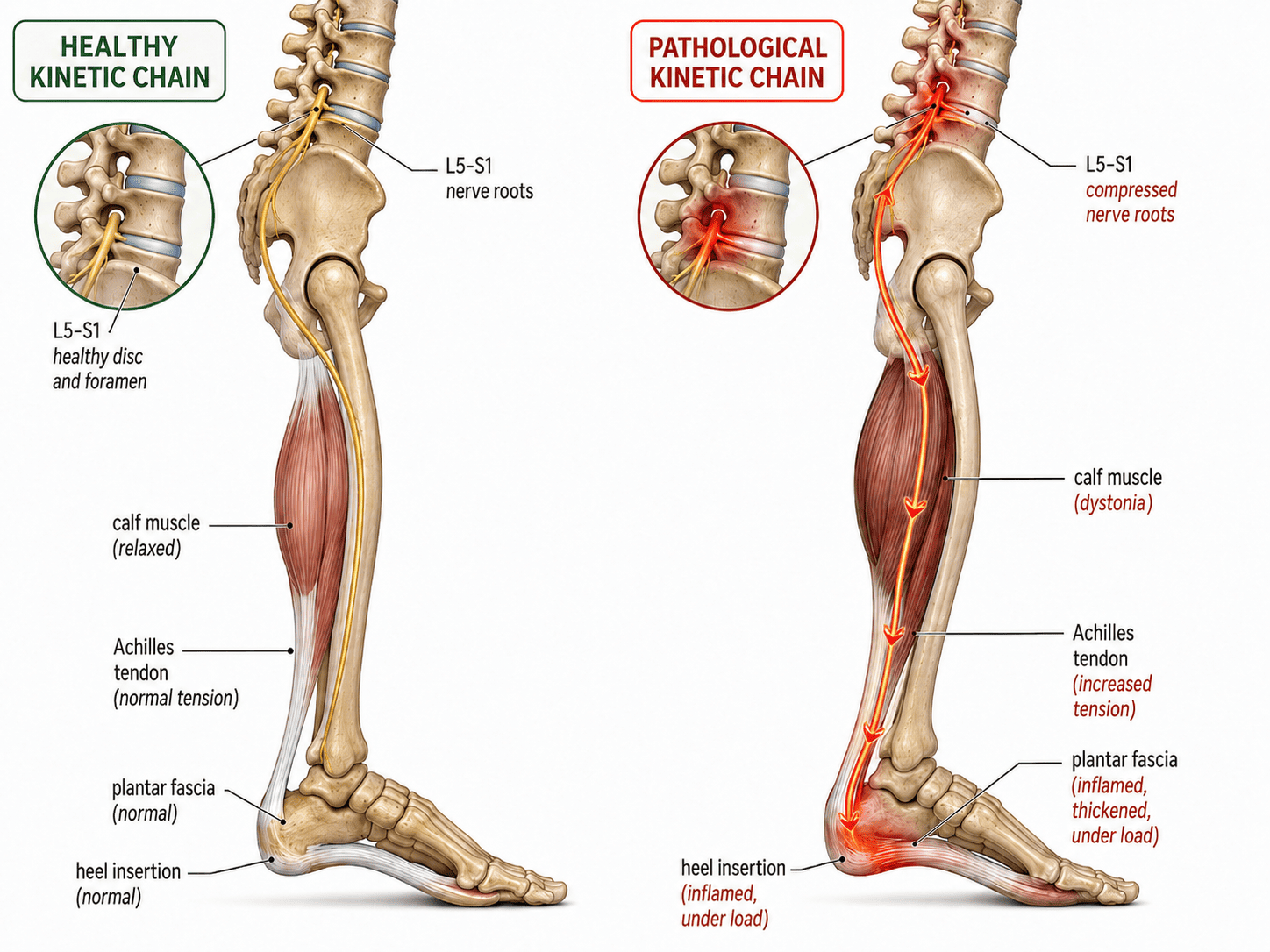 Split illustration comparing healthy and pathological kinetic chains from the lumbar spine to the foot. Healthy side shows normal L5-S1 nerve roots, relaxed calf muscle, and normal plantar fascia. Pathological side shows compressed L5-S1 nerve roots driving calf muscle dystonia, increased Achilles tendon tension, and inflamed plantar fascia under load at the heel insertion.