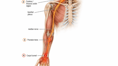 Anatomical illustration of the right arm and upper torso showing the median nerve pathway from cervical nerve roots C6-C7-C8 through four numbered tethering points: cervical nerve roots, scalene and thoracic outlet region, pronator teres in the forearm, and the carpal tunnel at the wrist, with progressive orange-to-red coloring indicating cumulative nerve vulnerability.