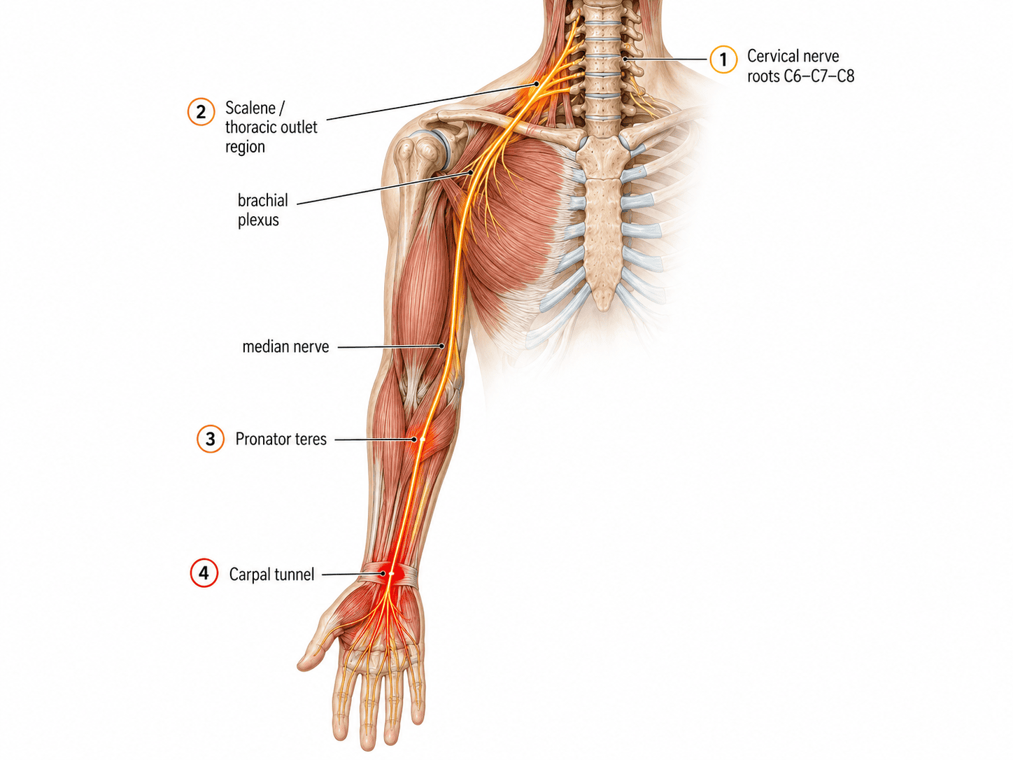 Anatomical illustration of the right arm and upper torso showing the median nerve pathway from cervical nerve roots C6-C7-C8 through four numbered tethering points: cervical nerve roots, scalene and thoracic outlet region, pronator teres in the forearm, and the carpal tunnel at the wrist, with progressive orange-to-red coloring indicating cumulative nerve vulnerability.