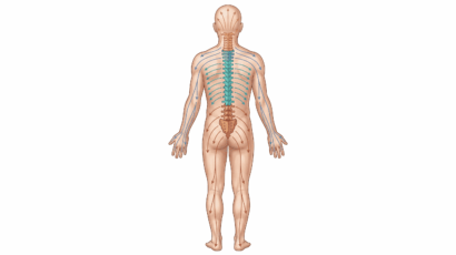 Posterior anatomical illustration of the human body showing the spine divided into four color-coded zones. Amber upper cervical zone with referral arrows toward the head, blue lower cervical zone with arrows toward the shoulders and arms, teal thoracic zone with arrows across the mid-back, and red lumbar zone with arrows sweeping into the hips and legs.