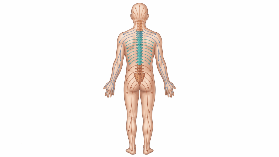 Posterior anatomical illustration of the human body showing the spine divided into four color-coded zones. Amber upper cervical zone with referral arrows toward the head, blue lower cervical zone with arrows toward the shoulders and arms, teal thoracic zone with arrows across the mid-back, and red lumbar zone with arrows sweeping into the hips and legs.