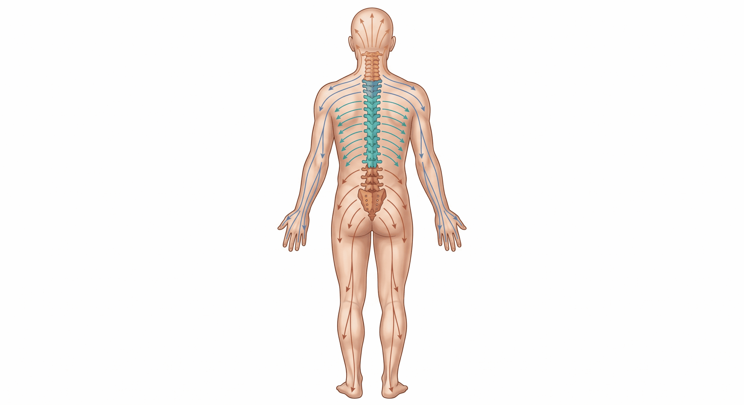 Posterior anatomical illustration of the human body showing the spine divided into four color-coded zones. Amber upper cervical zone with referral arrows toward the head, blue lower cervical zone with arrows toward the shoulders and arms, teal thoracic zone with arrows across the mid-back, and red lumbar zone with arrows sweeping into the hips and legs.
