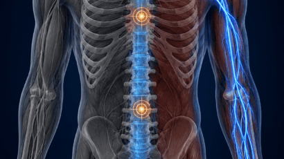 Anatomical anterior-view illustration of the spine and upper limb showing a continuous nerve pathway traced from the cervical spine through the shoulder outlet, axilla, and elbow to the wrist and hand, with amber target markers at injury sites along the cervical region and the wrist, illustrating the spine-to-limb concept in neuromyofascial science.