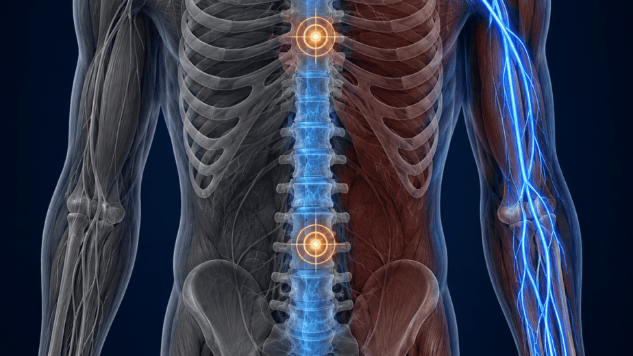 Anatomical anterior-view illustration of the spine and upper limb showing a continuous nerve pathway traced from the cervical spine through the shoulder outlet, axilla, and elbow to the wrist and hand, with amber target markers at injury sites along the cervical region and the wrist, illustrating the spine-to-limb concept in neuromyofascial science.