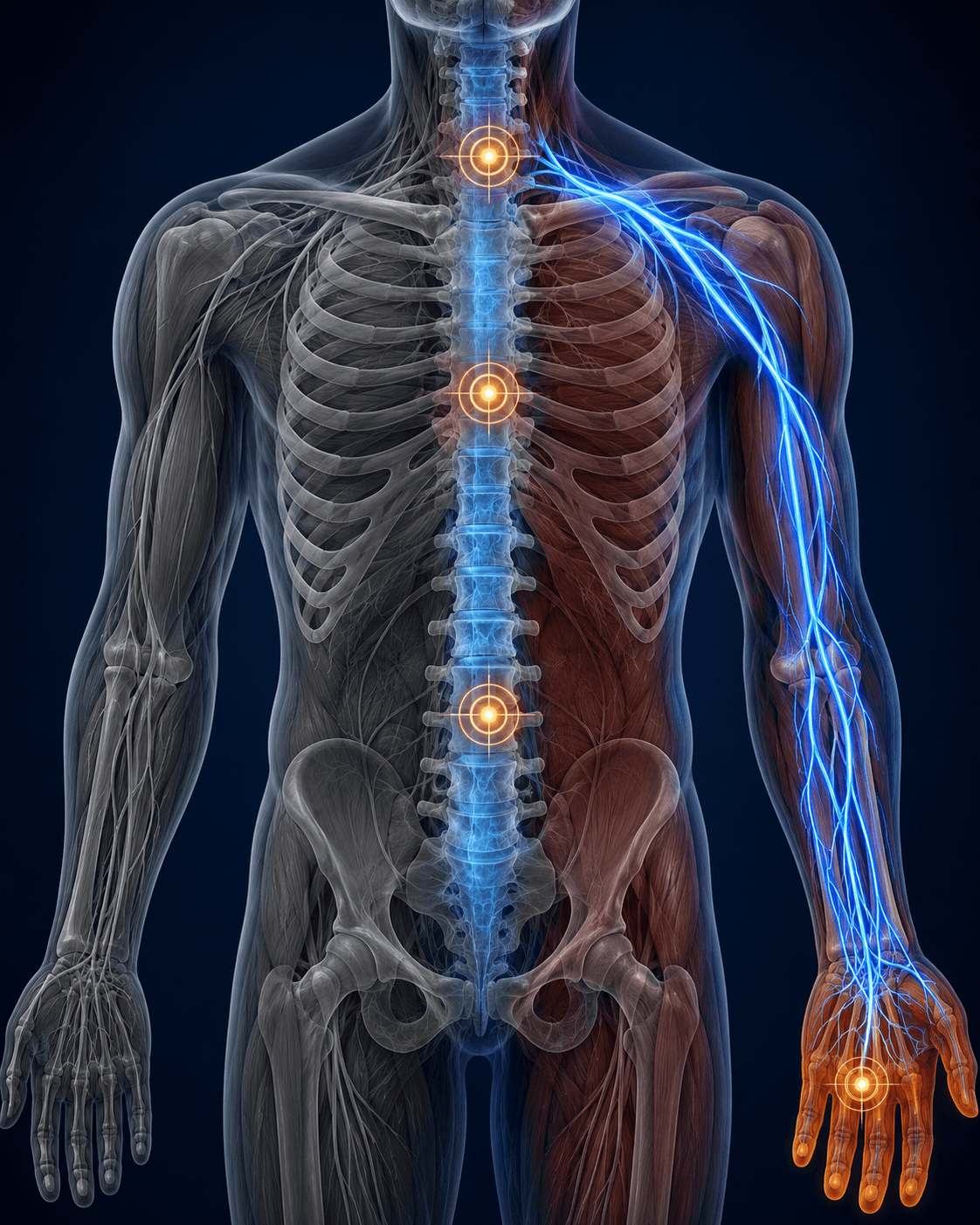 Anatomical anterior-view illustration of the spine and upper limb showing a continuous nerve pathway traced from the cervical spine through the shoulder outlet, axilla, and elbow to the wrist and hand, with amber target markers at injury sites along the cervical region and the wrist, illustrating the spine-to-limb concept in neuromyofascial science.