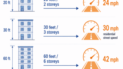 Infographic showing five free fall heights and their equivalent road speeds calculated using Newton's laws. A 10-foot fall equals 17 mph. A 20-foot fall equals 24 mph. A 30-foot fall equals 30 mph, equivalent to residential street speed. A 60-foot fall equals 42 mph. A 120-foot fall from a 12-storey building equals 60 mph, equivalent to highway speed.